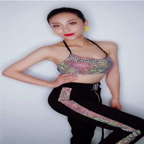 D18 Female stage Rhinestone bra dj bodysuit party wears pants disco show jumpsuit diamonds Split trousers bar clothes sexy wears