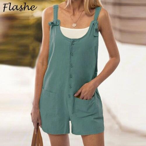Women Rompers Summer Casual Loose Sleeveless Jumpsuit Solid Button Pocket Suspenders Bib Short Pants Wide Leg Playsuits Overalls