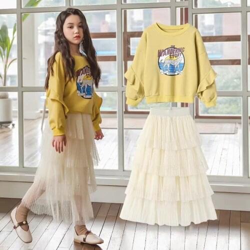 Long Skirt Suits for Kids Girl 10 12 years Korean Long Sleeve Cotton Sweatshirt 2 pieces Girls Party Clothes