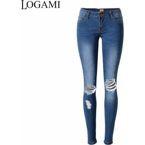 LOGAMI Women Denim Pants Holes Destroyed Knee Pencil Low Waist Skinny Jeans Woman Ripped Jeans For Women