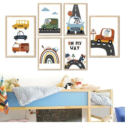 Cartoon Kids City Car Club Driver Road Nursery Nordic Posters And Prints Wall Art Canvas Painting Wall Pictures Child Room Decor