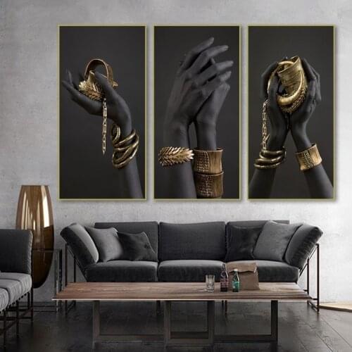 Canvas Print Black Women Hands and Gold Jewelry Poster African Art Oil Painting On the Wall Large Wall Pictures For Living Room