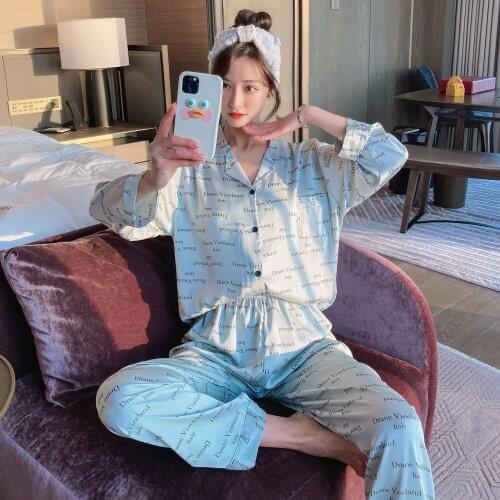 Sexy Sleepwear Snow and ice silk Pajama Set Spring Nighty Women Sleepwear Lapel Imitated Silk Fabric Plus Size Loose Version