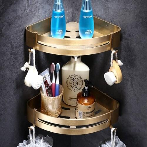 Bathroom shelf aluminum antique bath rack corner shelf wall-mounted punched 1-3 tiers storage basket with hooks bath hardware