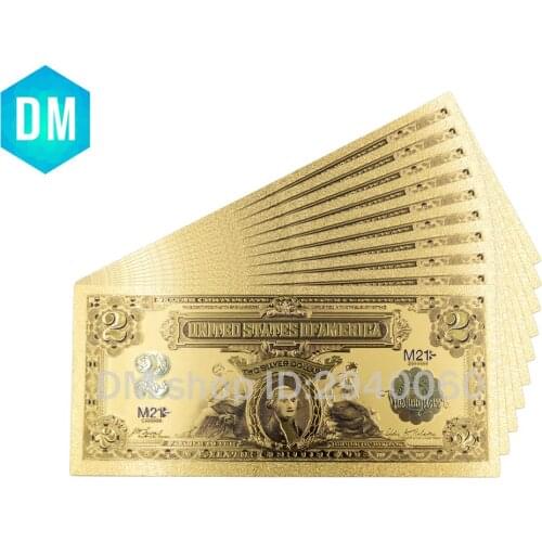 24k Gold Plated Colorful Gold Banknote Home Decorative 1899 Year 2 Dollar World Paper Money Art Ornament 10pcs Worth Collection