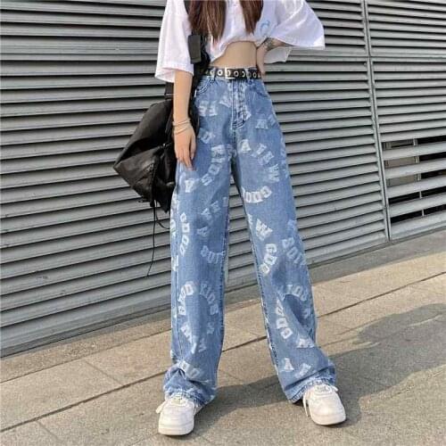 Retro Washed Jeans Womens High Street Trend Printing Light-Colored Jeans Harajuku Style Casual Commuter Trousers Mens Pants