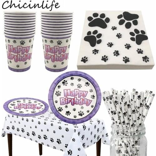 Chicinlife Dog Paw Paper Plates Cups Napkins Starw Disposable Tableware Happy Birthday Decor Baby Shower Kids Pet Party Supplies