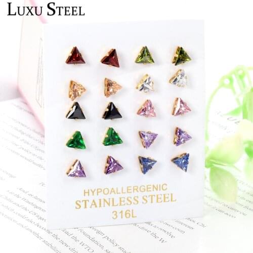 LUXUSTEEL Mixed Colorful Cubic Zirconia Wholesale 10Pairs Card Triangle Stud Earrings Brinco pendientes Christmas Baby Girl