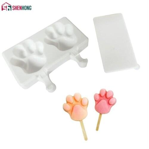 SHENHONG 2 Cavities Bear Paw Silicone Ice Cream candy bar Making Tool Juice Popsicle Molds Children Pop Lolly Tray Cube maker