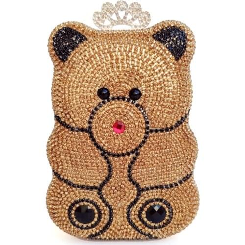 High quality ladys party crystal bear clutch bag shinning evening bag animal purse rhinestone shoulder bag