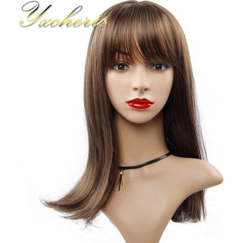 YXCHERISHAIR Synthetic Straight Long Brown Wig with Hair Bang for Black Women 22" Heat Resistant Daily Cosplay Wear