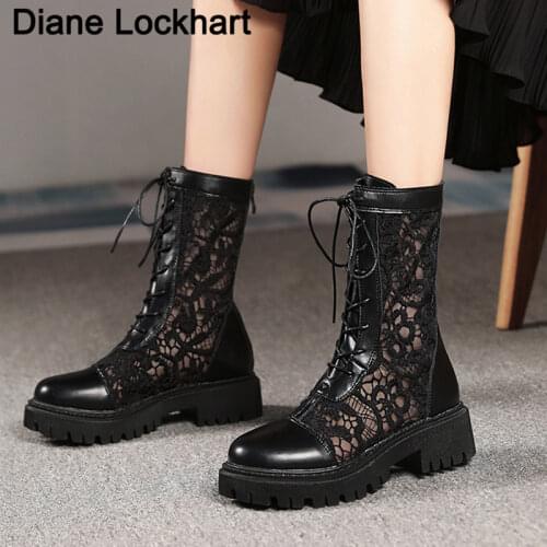 Women Lace Up Mesh Shoes Ankle Booties Summer Boots Back Zipper Mesh Botas Mujer Brand Design Botines Female Size 31 32 41 42 43