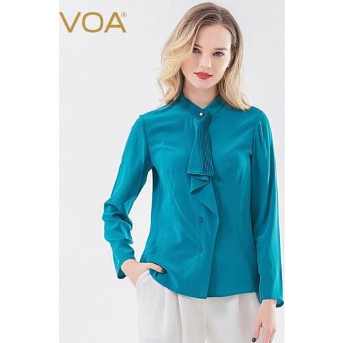 VOA Silk 16m/m Crepe-De-Chine Green Blue Half-Collar Tucker Pleats Sheet zhen zhu kou Travel Long-Sleeved Shirt Female B9397