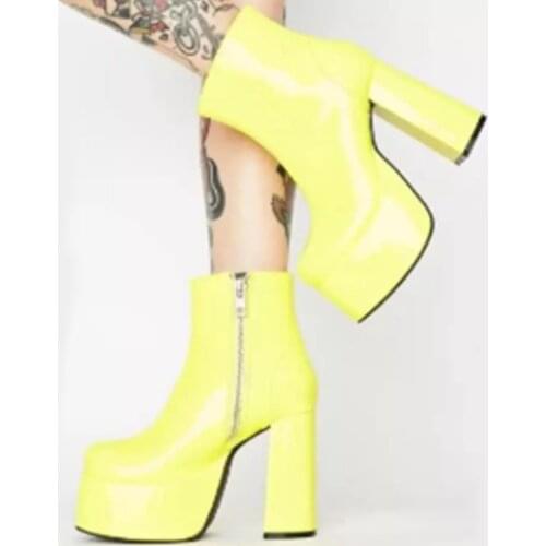 ASILETO 2021 Ladies Ankle Boots Zip Round Toe Platforms Candy Color Punk 8cm Chunky Heel US12 Yellow Green Purple Orange A4367