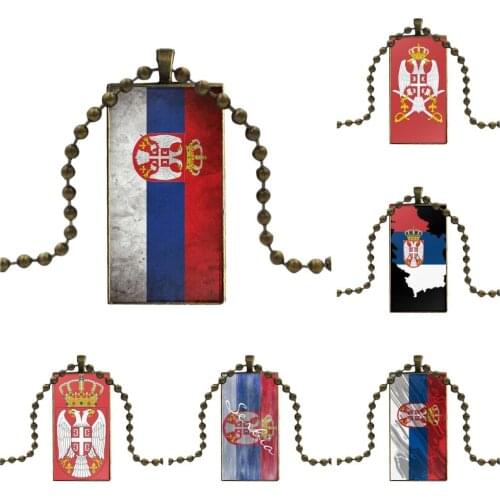 Glass Cabochon Jewelry Bronze Color With Long Pendant Choker Rectangle Necklace For Women Serbia Flag