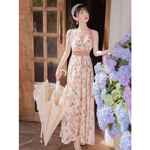 Summer new style bohemian travel vacation beach wind printing suspender dress retro high waist thin Japanese womens dress