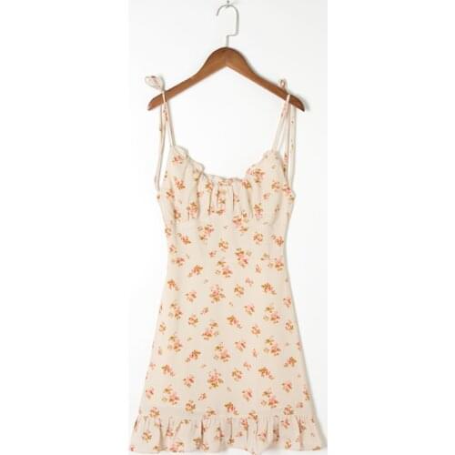 Summer womens casual flower print ruffled backless slim-fit suspender dress