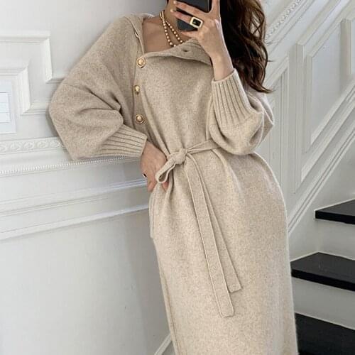 Womens Autumn And Winter French Matching Sweater Dress Long Knee Bottomed Knitted Dress For Women
