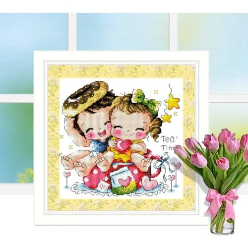 Gold Collection Lovely Counted Cross Stitch Kit Tea Time Dessert Afternoon Tea Boy and Girl SO