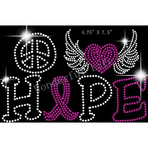 Free S shipping RHINESTONE IRON ON HEAT TRANSFER BREAST CANCER PEACE LOVE HOPE WITH RIBBON HEART