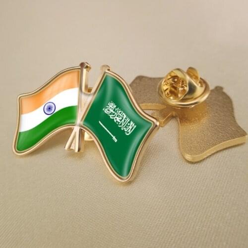 India and Saudi Arabia Crossed Double Friendship Flags Lapel Pins Brooch Badges