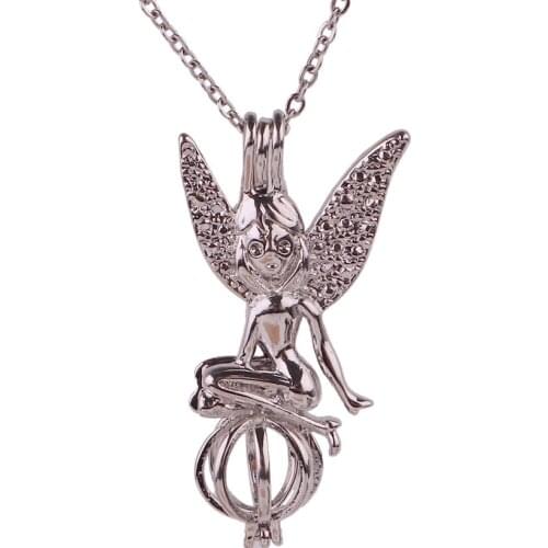 K1666 Dull Silver copper angel girls Bead Pearl Cage Aroma Essential Oil Diffuser Locket Necklace with stainless steel chain