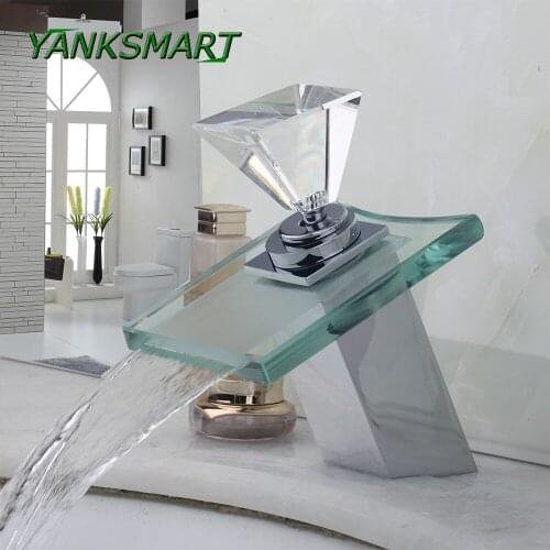 YANKSMART Diamond handle Square glass Bathroom Deck Mount Waterfall Brass Basin Sink Faucet Tap Chrome polish Mixer Taps