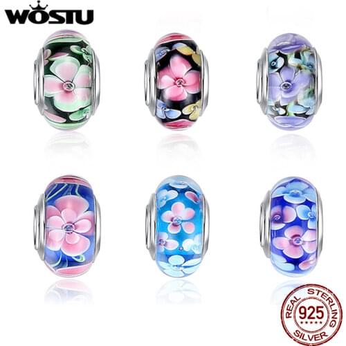 Hot Sale Silver Color Flower Murano Glass Beads Fit Bracelet Bangles Charms Original European DIY Jewelry Making Accessories