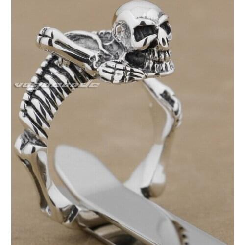 LINSION 925 Sterling Silver Crawling Skull Ring Mens Biker Rocker Punk Ring 9M007