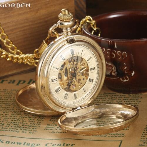 Luxury Gold Steel Carving Mechanical Pocket Watch 2 Sides Open Case Roman Number Dial Steampunk Analog Hand Winding Pocket Watch