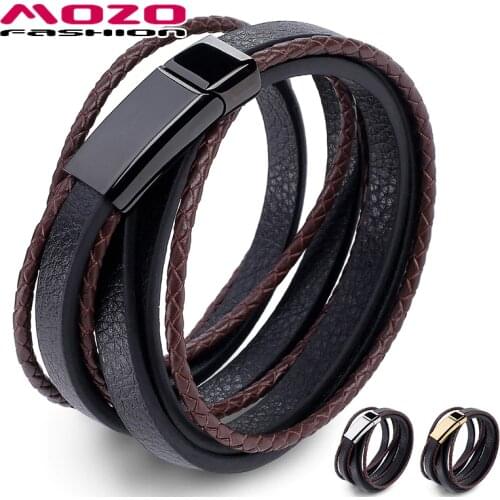 MOZO FASHION 2020 New Jewelry Men Bracelet Leather Large Black Buckle High Quality Weave Woman Brown Aarm Bangle Gifts 043