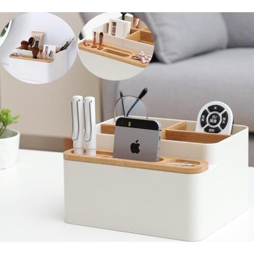 Desk Storage Box Detachable Multi-purpose Storage Box Pen Holder Wood Pen Box Bamboo Storage Case For Home Office Organizer