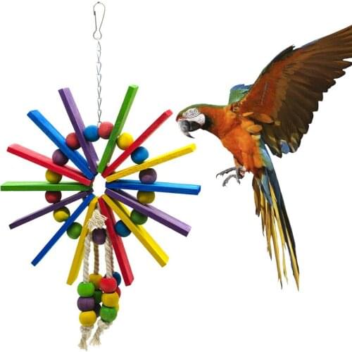 Natural Wooden Parrots Swing Bird Toys With Colorful Beads Pets Parrot Toys Bird Parakeet Cage Hanging Rainbow Ferris Wheel