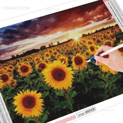OKHOTCN 5D Diy Diamond Painting Sunflower Rhinestone Kit Full Square Round Drill Diamond Embroidery Sunset Mosaic Wall Art Decal