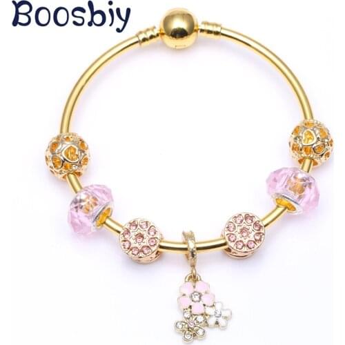 European Style Charm Bracelet With Crystal Pink Flower Charm Beads Fits Fashion Brand Bracelet For Women Valentines Day Gift