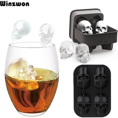 4 Grids 3D Skull Shape Silicone Ice Cube Maker Mold DIY Ice Cube Tray Halloween Party Bar Cool Whiskey Wine Ice Cream Tools