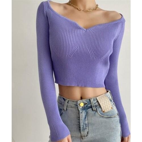 TRAF Women 2021 Fashion Solid Color Slim Short Knit Sweater Retro Long Sleeve Heart-Shaped Collar Pullover Streetwear