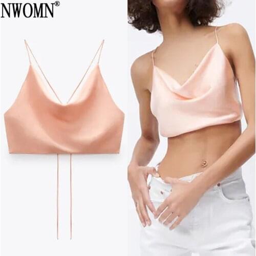 NWOMN Za White Satin Top Woman Backless Tank Tops Women Summer Camisole Pink Crop Top Female Sexy Beachwear Tie-Dye Strap Tops