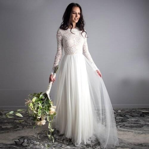 Boho Wedding Dresses for Women Bride 2021 A-Line Backless Long Sleeve Lace Bridal Gowns Plus Size Vestidos De Novia