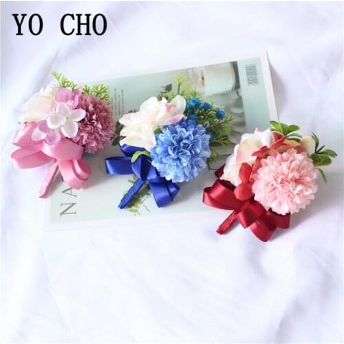 YO CHO Wedding Bracelets for Bridesmaid Flower Silk Sister Brooches Corsage Pin Flowers Boutonniere Men Wedding Marriage Corsage
