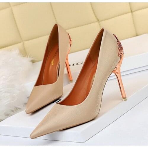 Metal decorative stiletto heels womens spring 2021 new satin shallow mouth pointed stiletto high heel dress wedding shoes
