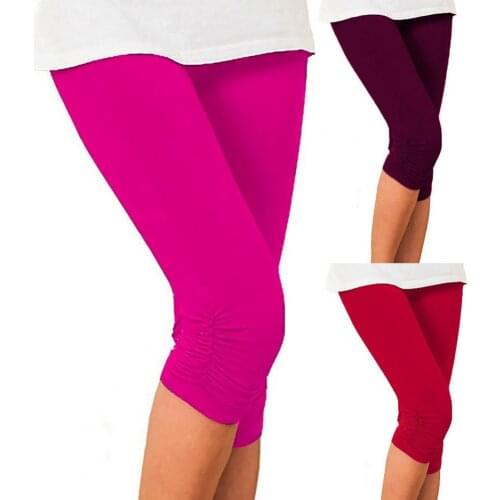 Women Leggings Plus Size High Waist Solid Color Mid-Calf Stretchy Female Leggings Cropped Pants Bottoms Running Carpi Pants