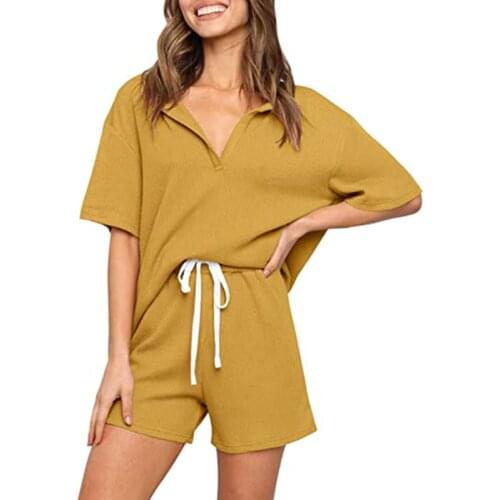 Ladies Summer New 2-piece Sportswear Solid Color V-neck Pullover Top + Drawstring Shorts Casual Loose Home Sports Suit