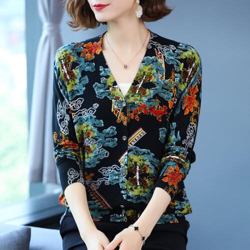 Print Female Cardigan Autumn Spring Knitted Sweaters Women Korean Fashion Long Sleeve Tops V Neck Vintage Cardigans Women
