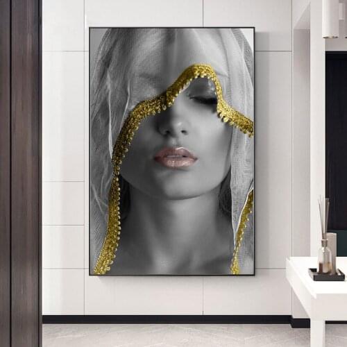 Golden Makeup Women Golden Canvas Paintings Figure Posters and Prints Cuadros Wall Art Pictures for Living Room Home Decoration