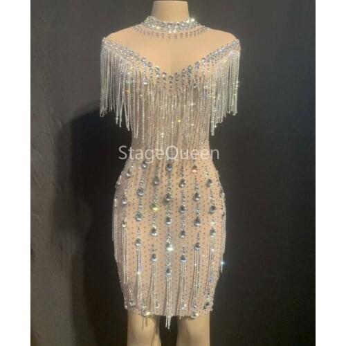 Sparkly Stone Fringes Stretch Mesh Sexy Dress Women Birthday Party Celebrate Rhinestones Dress Nightclub Crystals DS DJ Costume