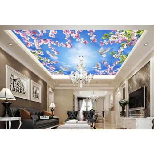 1846 Sakura flowers with Pigeons in the Sky PVC Stretched Ceiling Film For Home decoration