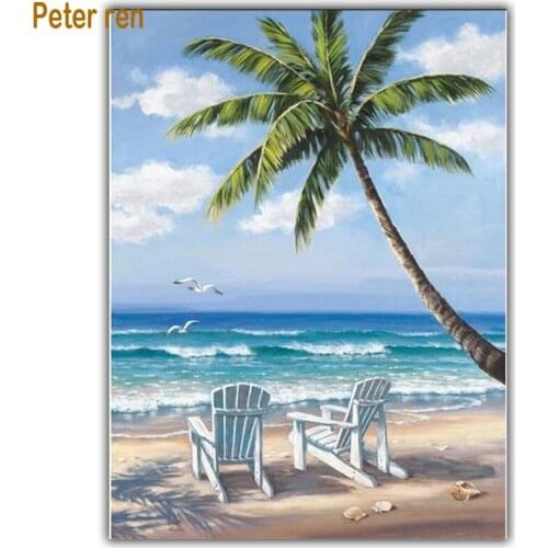 5D DIY Diamond Painting Beach coconut trees Scenic Embroidery Full icon circular Diamond Cross Stitch Rhinestone Mosaic Painting