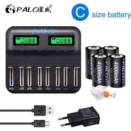 PALO 1.2V Ni-MH C D size Rechargeable Battery R14 C Cell 4000mAh R20 type D batteries 8000mAh and LCD Smart Charger