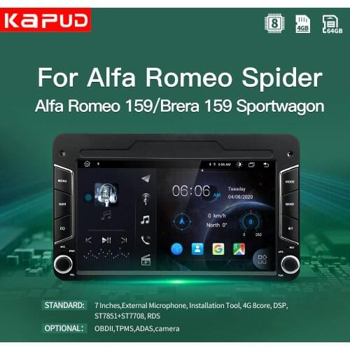 Kapud Android 10.0 Auto Radio 7" Car Stereo Multimedia Player For Alfa Romeo Spider/159/Brera 159 Sportwagon GPS Navigation 4G